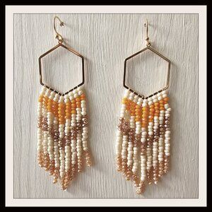3.5" Long Cream Brown & Orange Beaded Boho Earrings Tribal O205